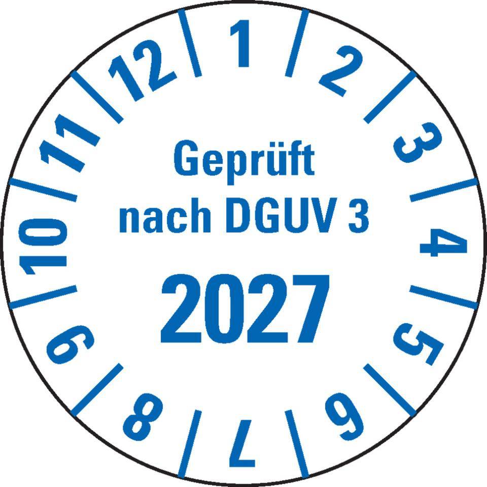 Prüfplakette Geprüft nach DGUV Vorschrift 3 2027, weiß, Folie, mit Spezialkleber, Ø25mm, 21/Bogen