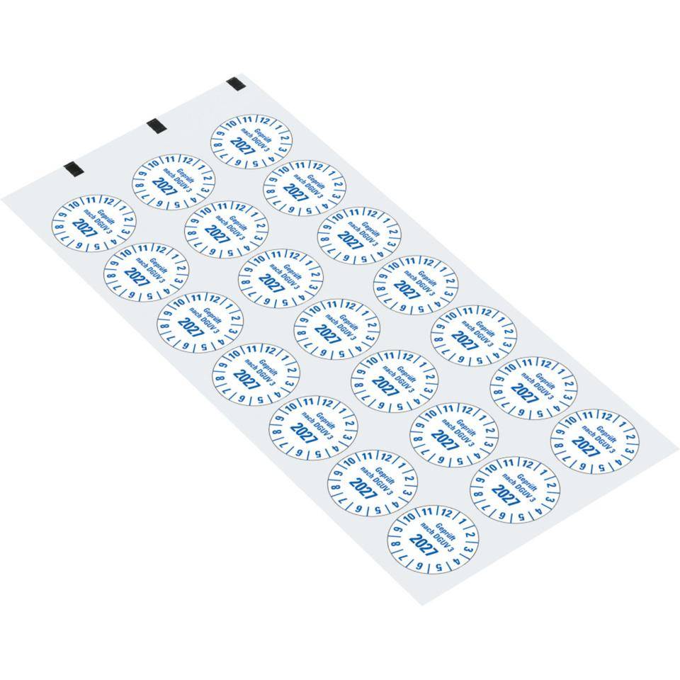Prüfplakette Geprüft nach DGUV Vorschrift 3 2027, weiß, Folie, mit Spezialkleber, Ø25mm, 21/Bogen