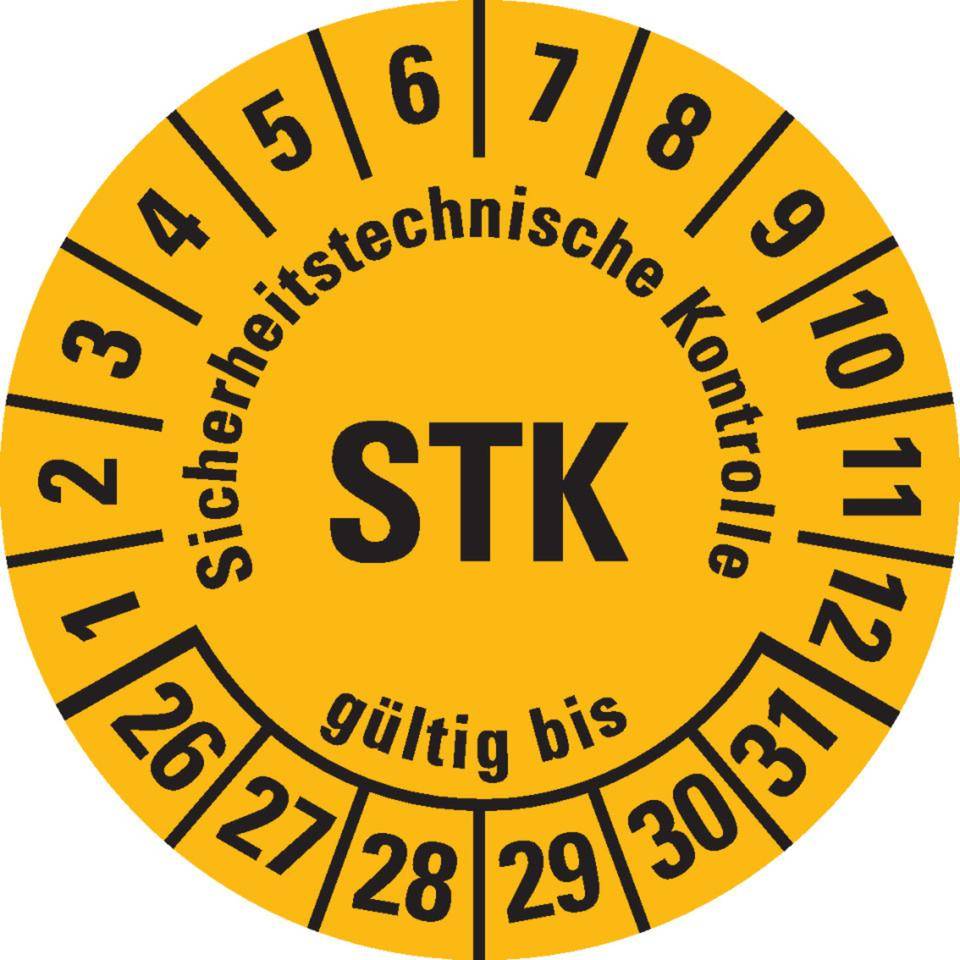 Prüfplakette STK 26-31, gelb, Folie, mit Spezialkleber Oberflächenschutz, Ø30mm, 18/BOG