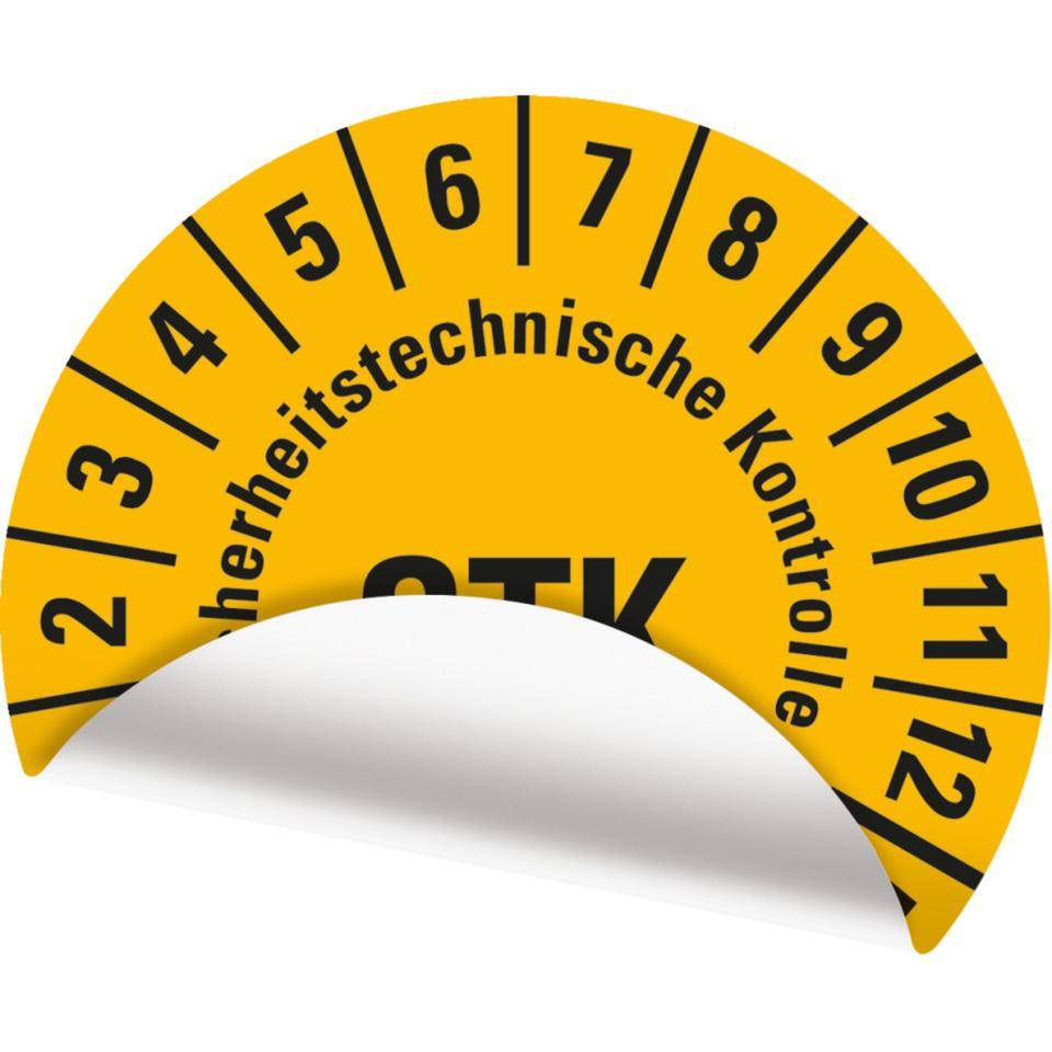 Prüfplakette STK 26-31, gelb, Folie, mit Spezialkleber Oberflächenschutz, Ø30mm, 18/BOG