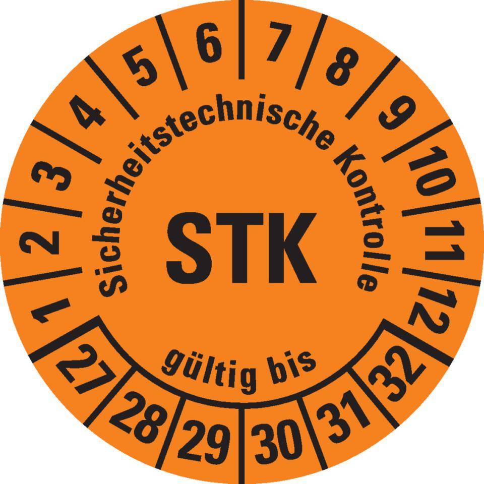 Prüfplakette STK 27-32, orange, Folie, mit Spezialkleber Oberflächenschutz, Ø30mm, 18/BOG