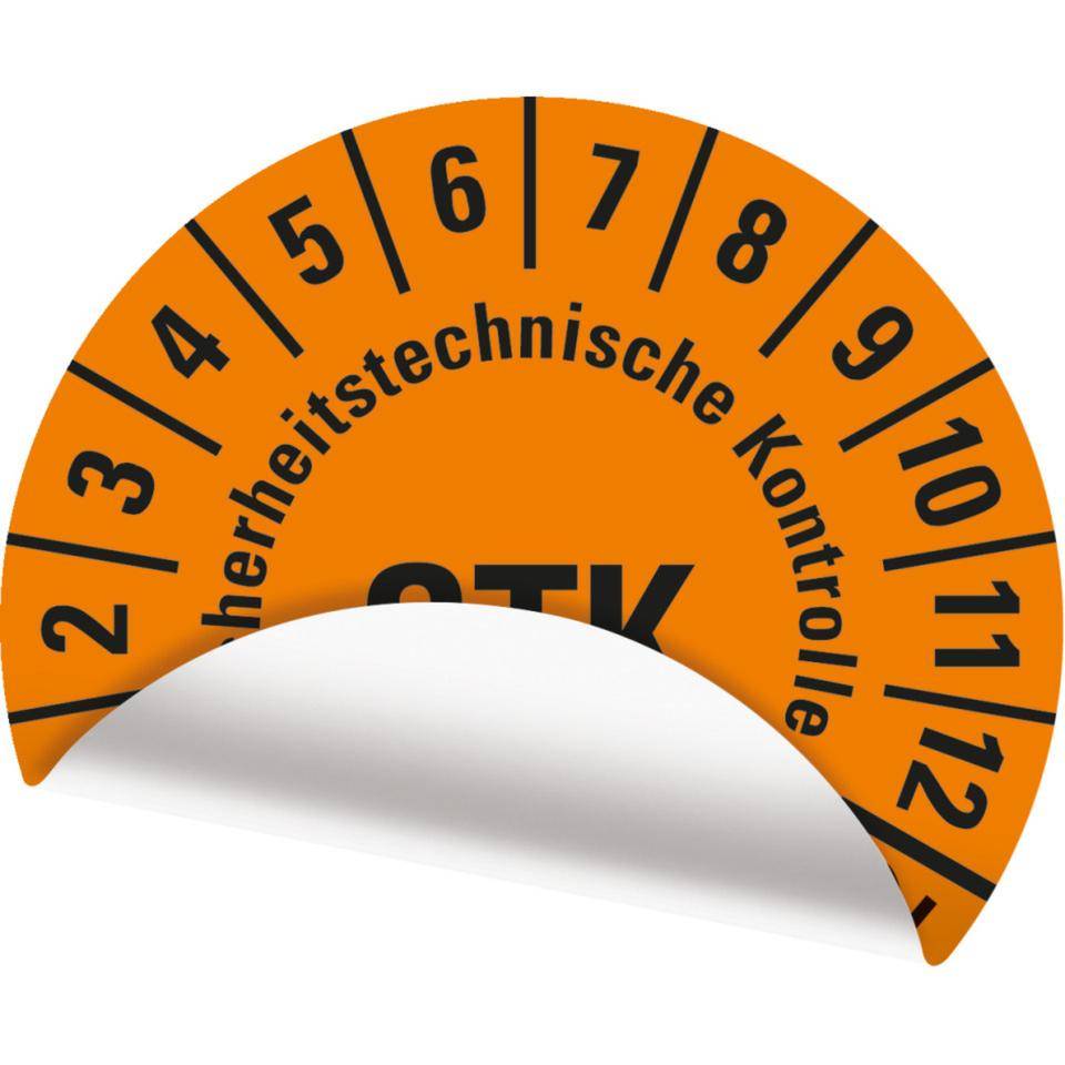 Prüfplakette STK 27-32, orange, Folie, mit Spezialkleber Oberflächenschutz, Ø30mm, 18/BOG