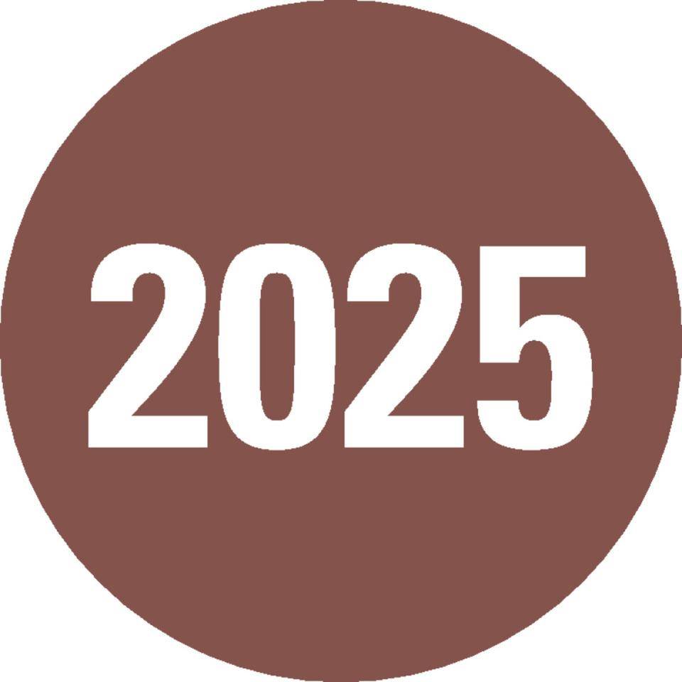 Prüfplakette 2025,für Prüfnachweise,braun,Dokumentenfolie,Ø20mm,36/Bogen