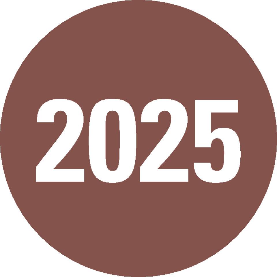 Prüfplakette 2025,für Prüfnachweise,braun,Dokumentenfolie,Ø20mm,36/Bogen