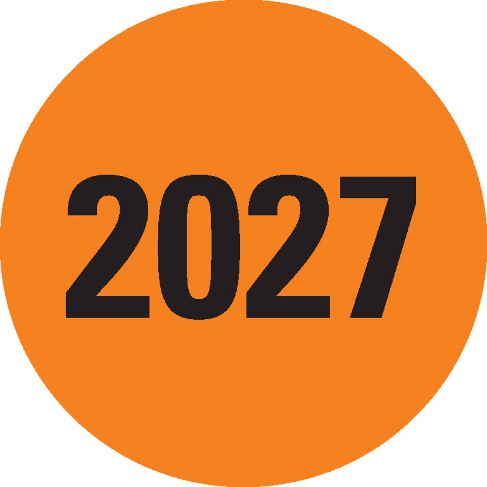 Prüfplakette 2027, für Prüfnachweise, orange, Dokumentenfolie, Ø20mm, 36/Bogen