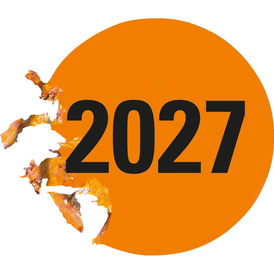 Prüfplakette 2027, für Prüfnachweise, orange, Dokumentenfolie, Ø20mm, 36/Bogen