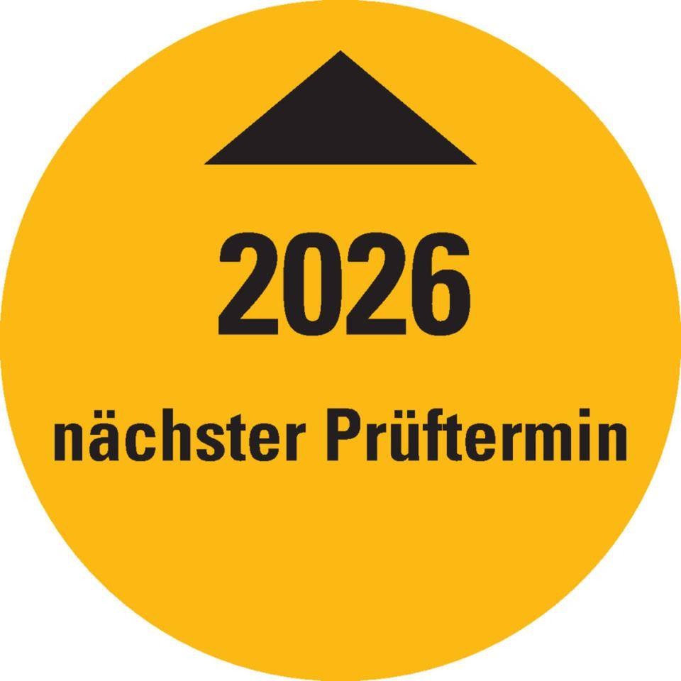 Systemprüfplakette nächster Prüftermin 2026, gelb Dokumentenfolie, Ø 30mm, 10/Bogen