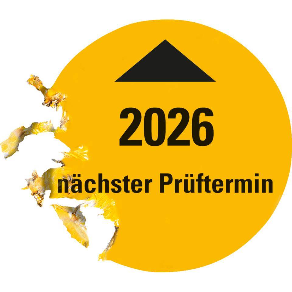 Systemprüfplakette nächster Prüftermin 2026, gelb Dokumentenfolie, Ø 30mm, 10/Bogen
