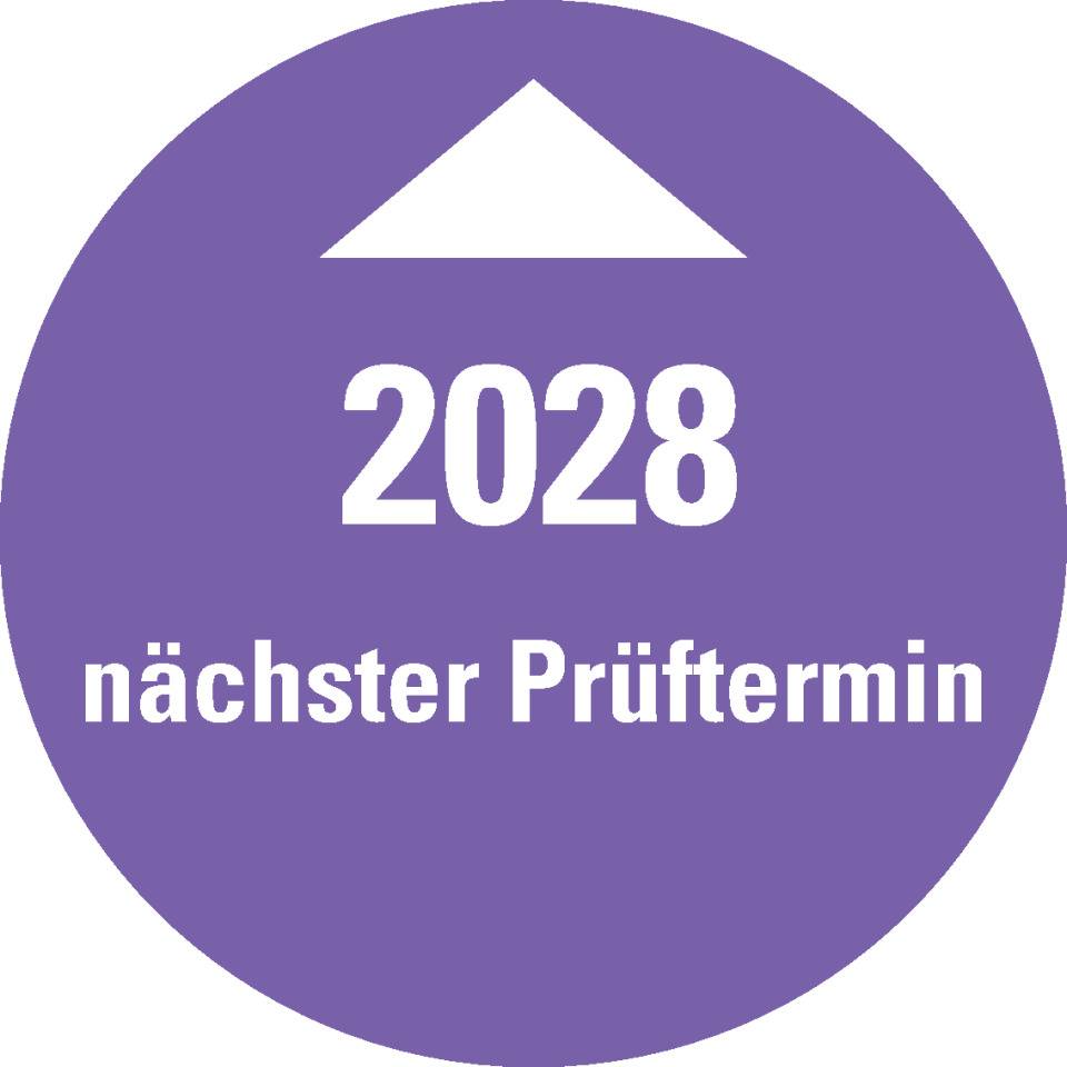 Systemprüfplakette nächster Prüftermin 2028, violett, Dokumentenfolie, Ø 30mm, 10/Bogen