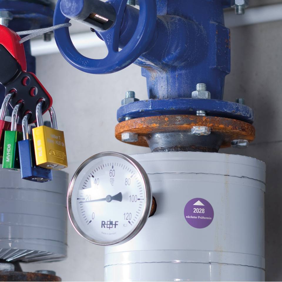 Systemprüfplakette nächster Prüftermin 2028, violett, Dokumentenfolie, Ø 30mm, 10/Bogen