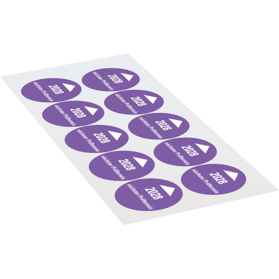 Systemprüfplakette nächster Prüftermin 2028, violett, Dokumentenfolie, Ø 30mm, 10/Bogen