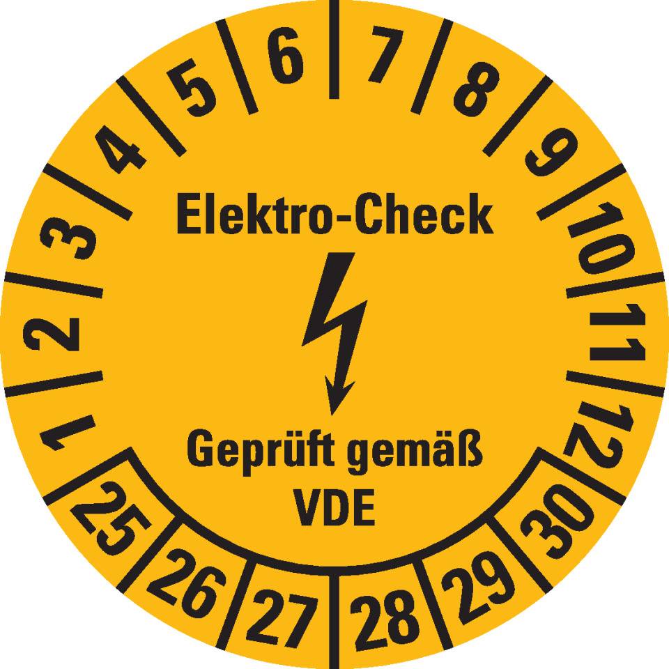 Prüfplakette Elektro-Check,VDE, 25-30, gelb,Dokumentenfolie,Ø 30mm,500/Rolle