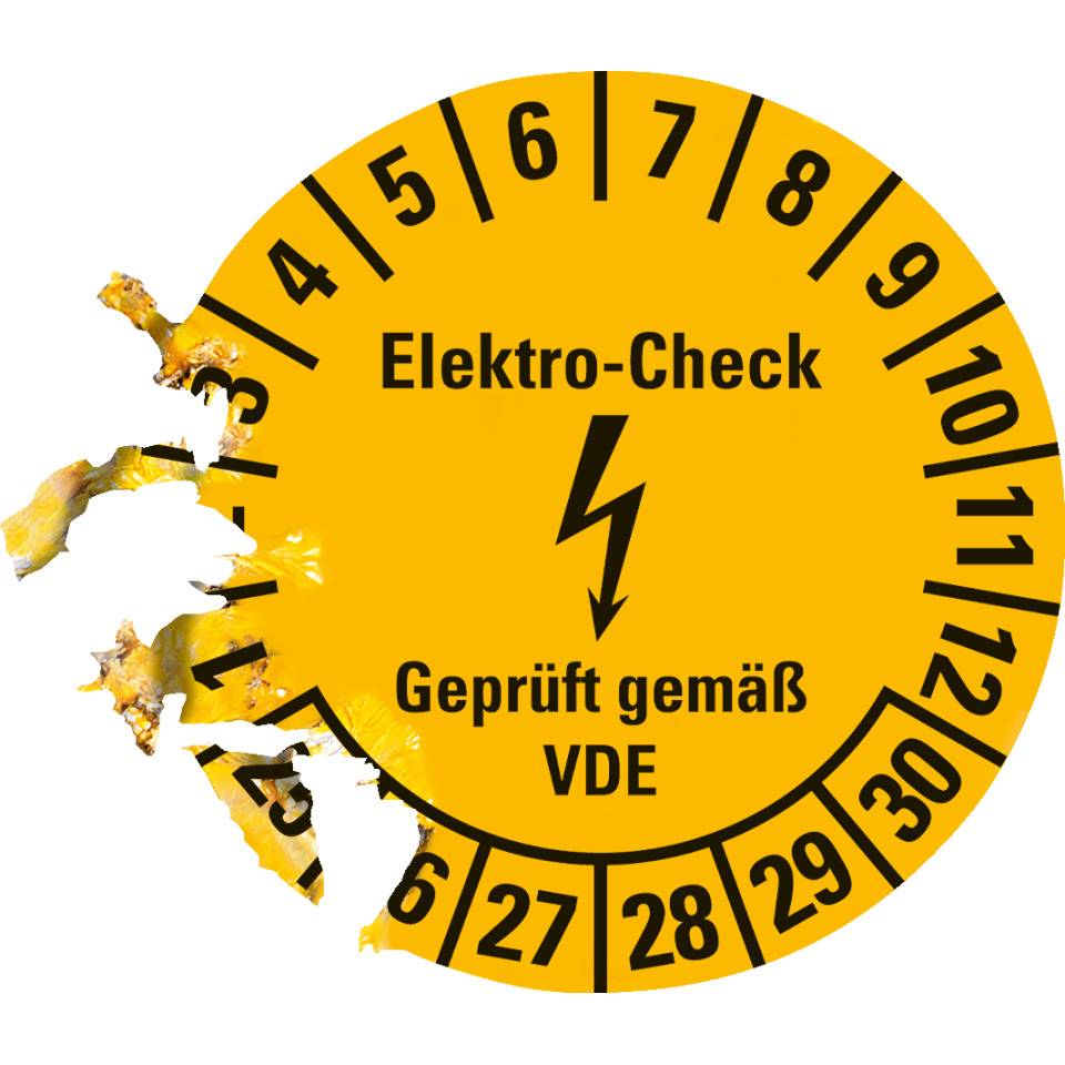 Prüfplakette Elektro-Check,VDE, 25-30, gelb,Dokumentenfolie,Ø 30mm,500/Rolle