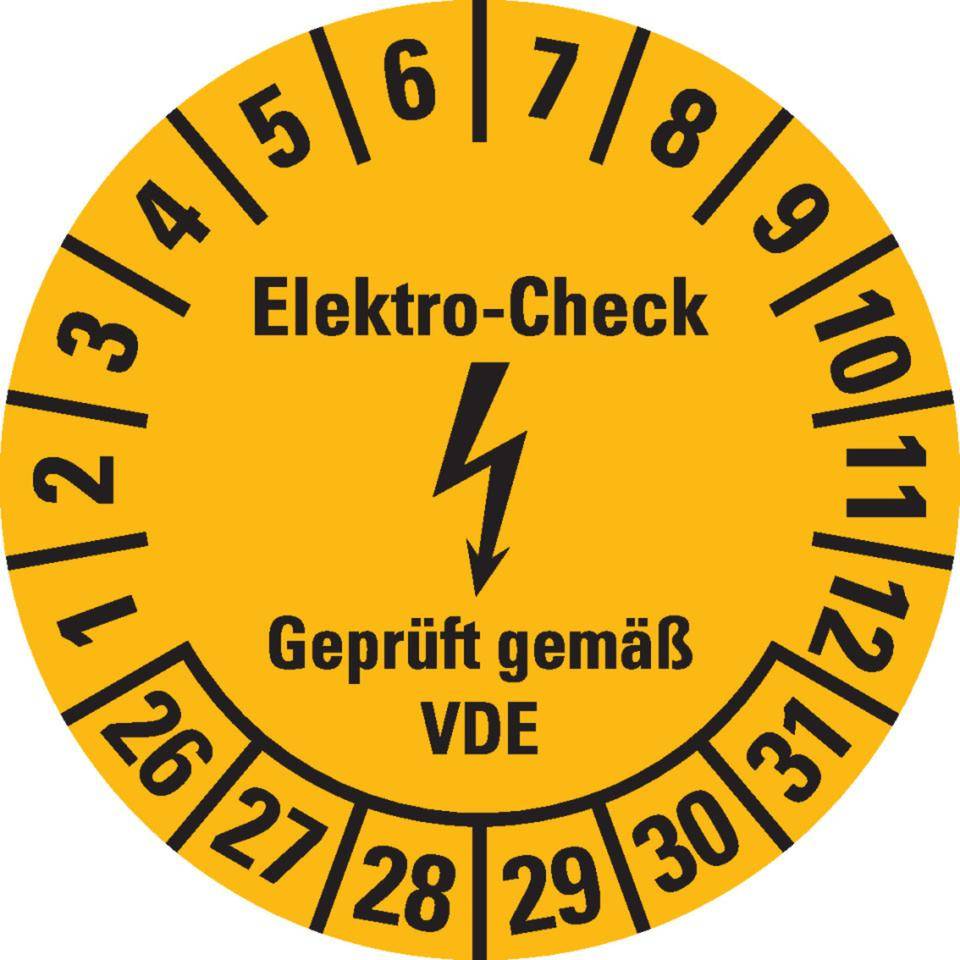 Prüfplakette Elektro-Check, VDE, 26-31, gelb, Dokumentenfolie, Ø30mm, 500/Rolle