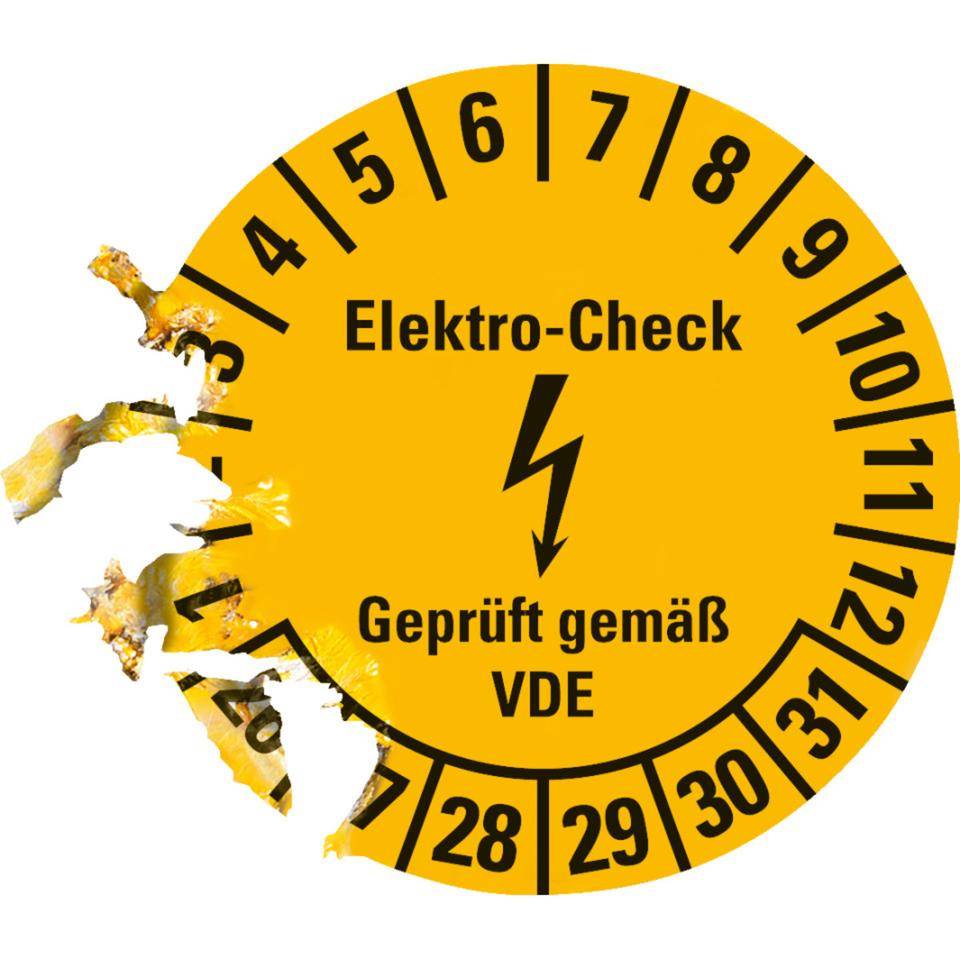 Prüfplakette Elektro-Check... VDE, 26-31, gelb, Dokumentenfolie,Ø 20mm, 36/Bogen