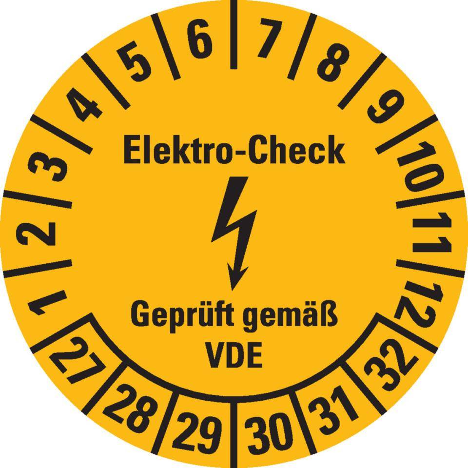 Prüfplakette Elektro-Check, VDE, 27-32, gelb, Dokumentenfolie, Ø20mm, 180/Heft