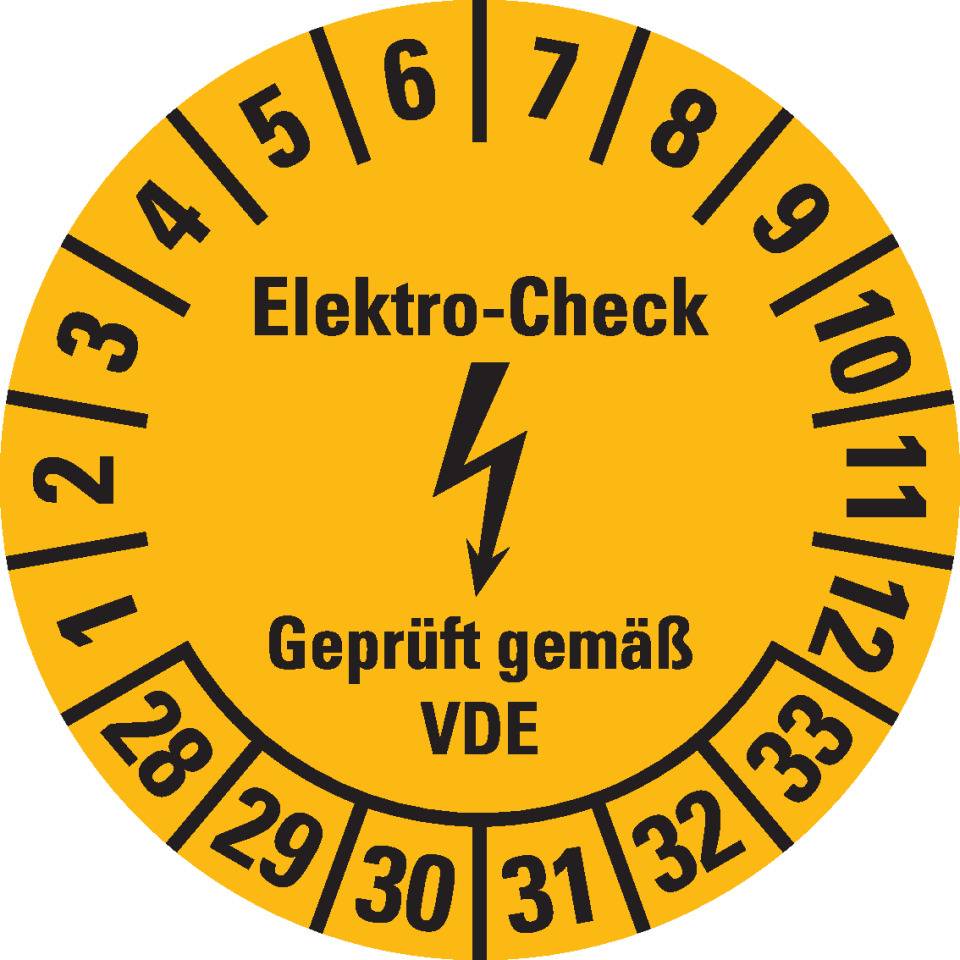 Prüfplakette Elektro-Check, VDE, 28-33, gelb, Dokumentenfolie, Ø 30mm, 18/Bogen