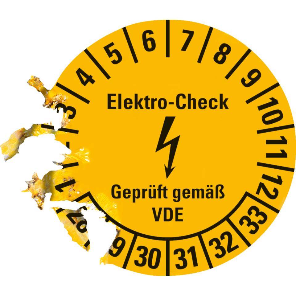 Prüfplakette Elektro-Check, VDE, 28-33, gelb, Dokumentenfolie, Ø20mm, 500/Rolle