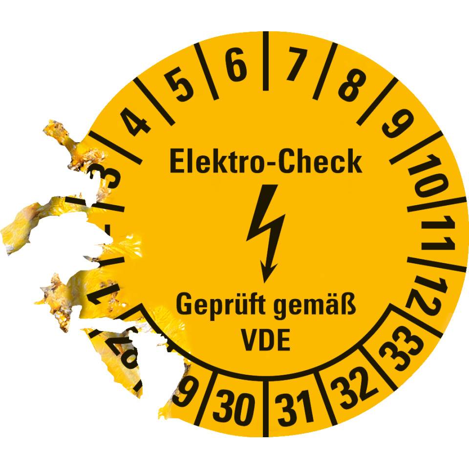 Prüfplakette Elektro-Check, VDE, 28-33, gelb, Dokumentenfolie, Ø 30mm, 18/Bogen