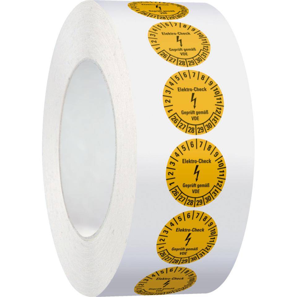 Prüfplakette Elektro-Check, VDE, 26-31, gelb, Dokumentenfolie, Ø20mm, 500/Rolle