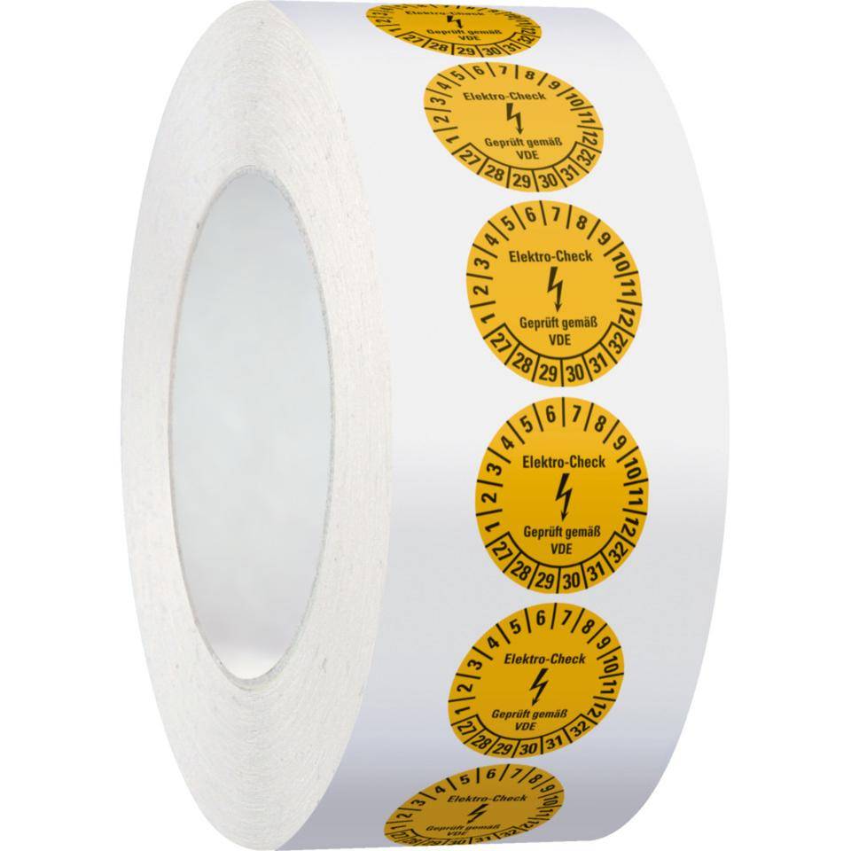 Prüfplakette Elektro-Check, VDE, 27-32, gelb, Dokumentenfolie, Ø20mm, 500/Rolle