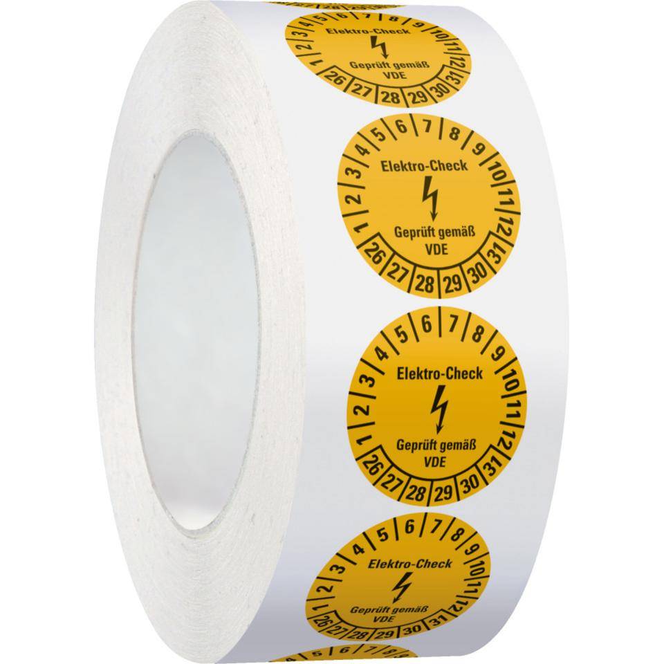 Prüfplakette Elektro-Check, VDE, 26-31, gelb, Dokumentenfolie, Ø30mm, 500/Rolle