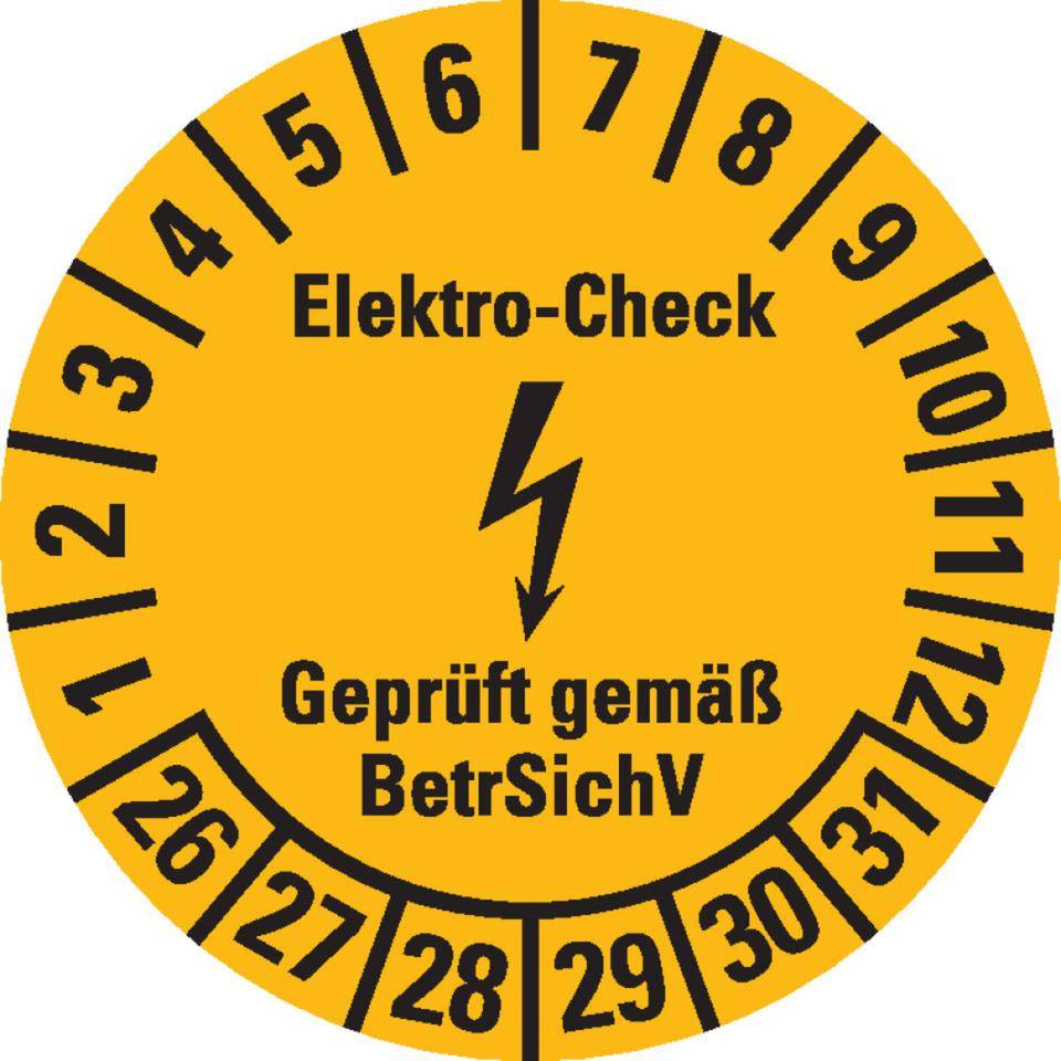 Prüfplakette Elektro-Check BetrSichV, 26-31, gelb/schwarz, Dokumentenfolie, Ø 20mm, 36/Bogen