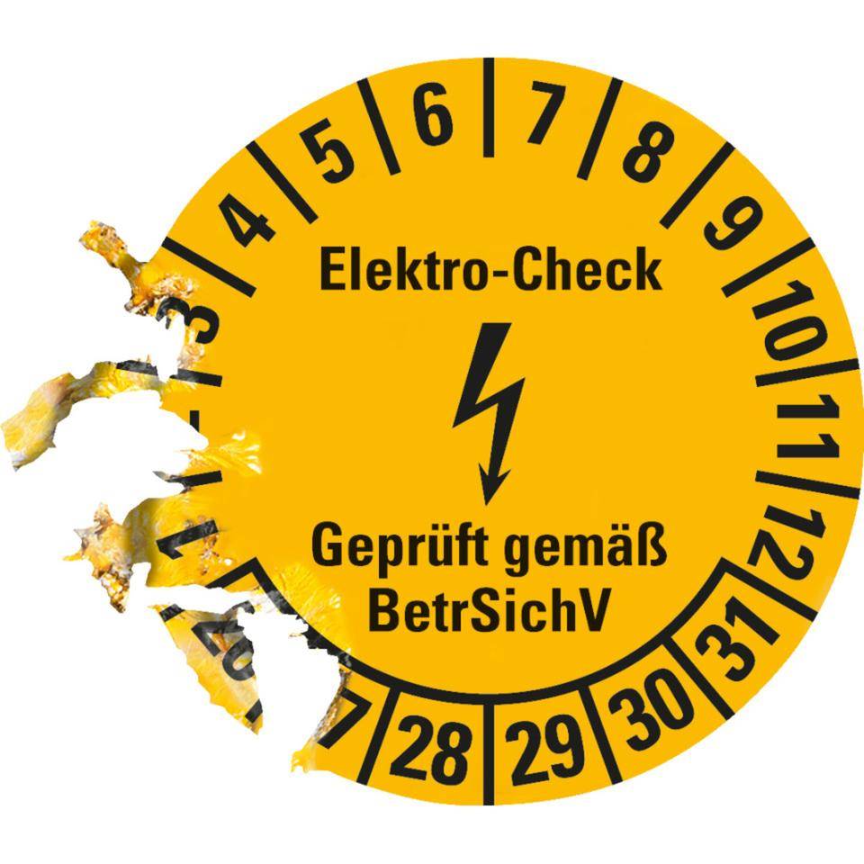 Prüfplakette Elektro-Check BetrSichV, 26-31, gelb/schwarz, Dokumentenfolie, Ø 20mm, 36/Bogen