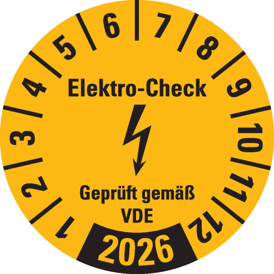 Prüfplakette Elektro-Check Geprüft..., 2026, gelb, Dokumentenfolie, Ø 30mm, 18/Bogen