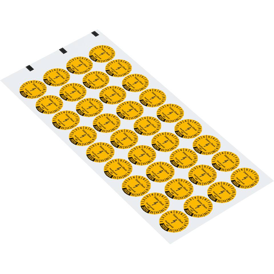 Prüfplakette Elektro-Check Geprüft..,2026,gelb,Dokumentenfolie,Ø 20mm,36/Bogen