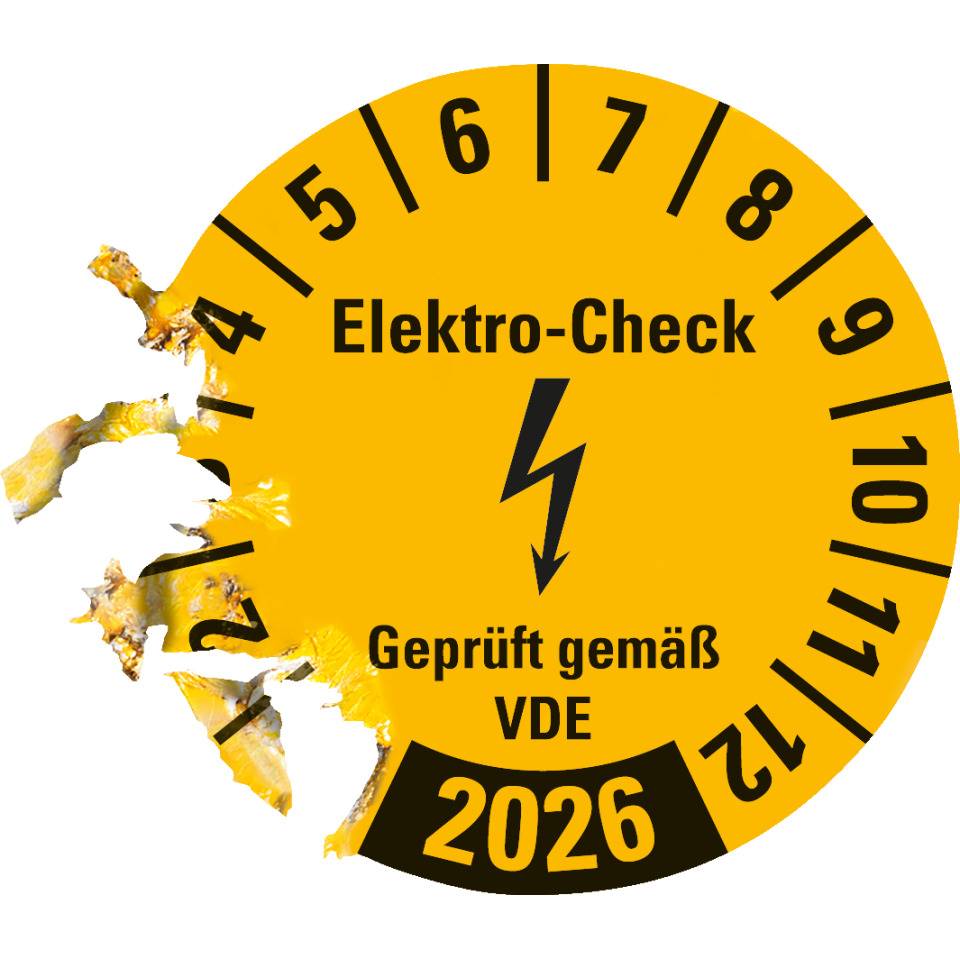 Prüfplakette Elektro-Check Geprüft..., 2026, gelb, Dokumentenfolie, Ø 30mm, 18/Bogen
