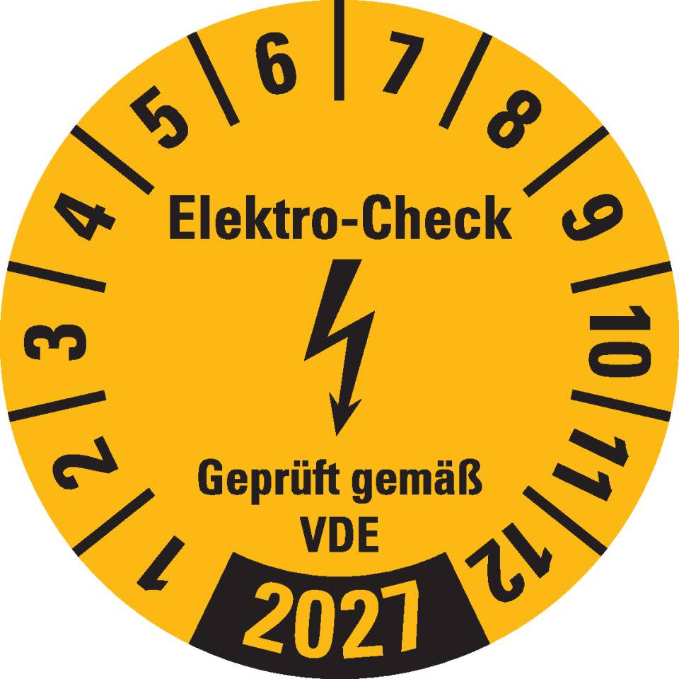 Prüfplakette Elektro-Check Geprüft.., 2027, gelb, Dokumentenfolie, Ø 20mm, 36/Bogen