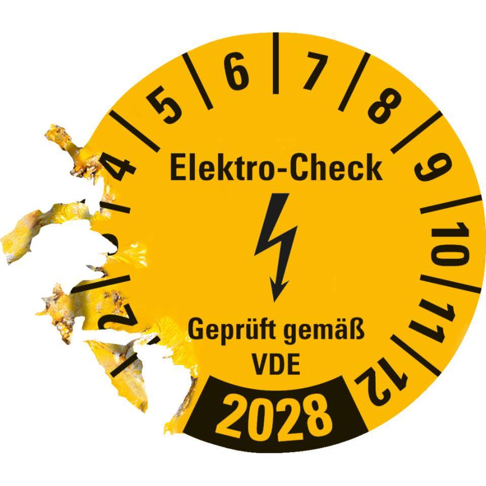 Prüfplakette Elektro-Check Geprüft.., 2028, gelb, Dokumentenfolie, Ø 20mm, 36/Bogen
