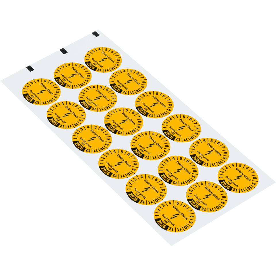 Prüfplakette Elektro-Check Geprüft..., 2026, gelb, Dokumentenfolie, Ø 30mm, 18/Bogen