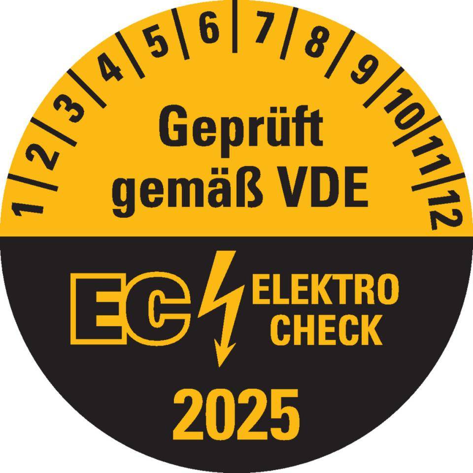 Prüfplakette Geprüft gemäß VDE EC ELEKTRO CHECK, 2025, Dokumentenfolie, Ø30mm, 18/Bogen