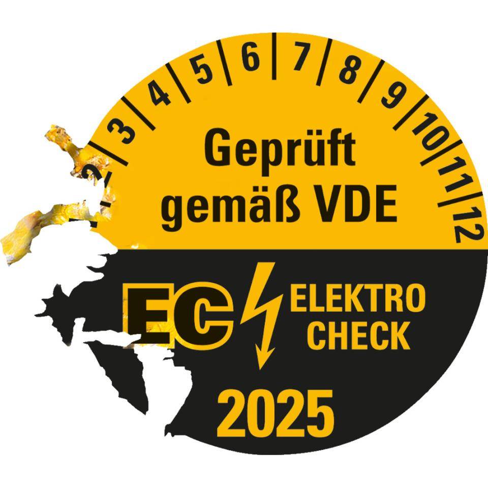 Prüfplakette Geprüft gemäß VDE EC ELEKTRO CHECK, 2025, Dokumentenfolie, Ø30mm, 18/Bogen