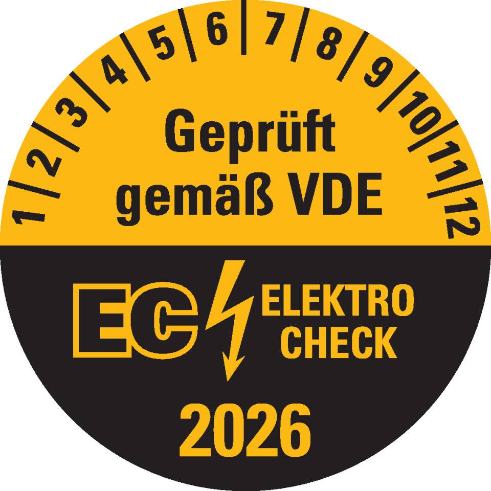 Prüfplakette Geprüft gemäß VDE EC ELEKTRO CHECK, 2026, Dokumentenfolie, Ø20mm, 36/Bogen