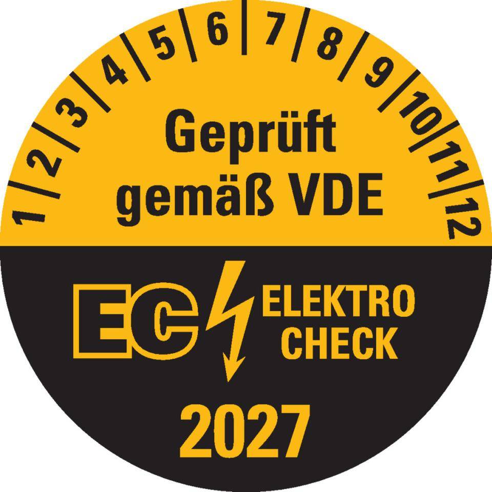 Prüfplakette Geprüft gemäß VDE EC ELEKTRO CHECK, 2027, Dokumentenfolie, Ø20mm, 36/Bogen