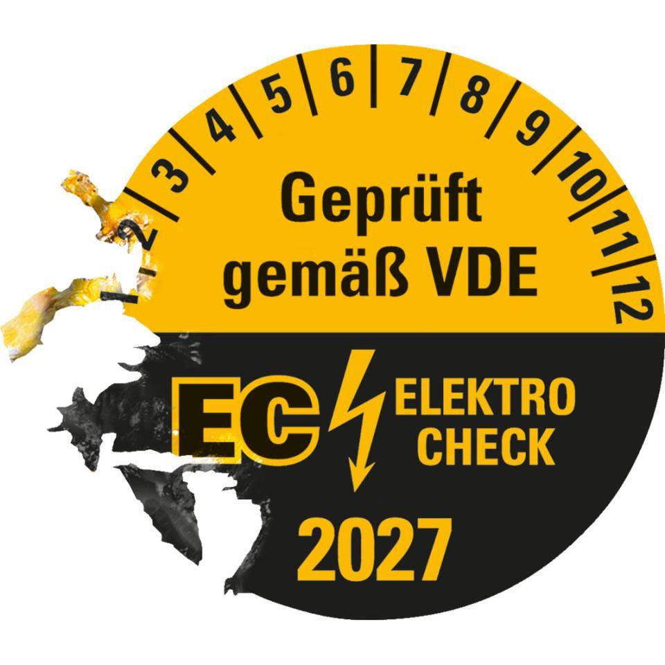 Prüfplakette Geprüft gemäß VDE EC ELEKTRO CHECK, 2027, Dokumentenfolie, Ø20mm, 36/Bogen