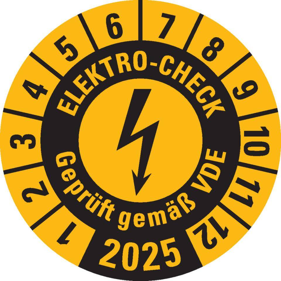 Prüfplakette Elektro-Check Geprüft gemäß VDE,2025,gelb,Dokumentenfolie,Ø 20mm,36/Bogen