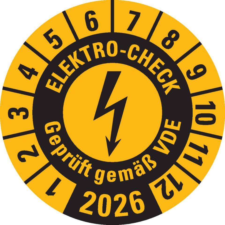 Prüfplakette ELEKTRO-CHECK Geprüft..., 2026, gelb, Dokumentenfolie, Ø 30mm, 18/Bogen