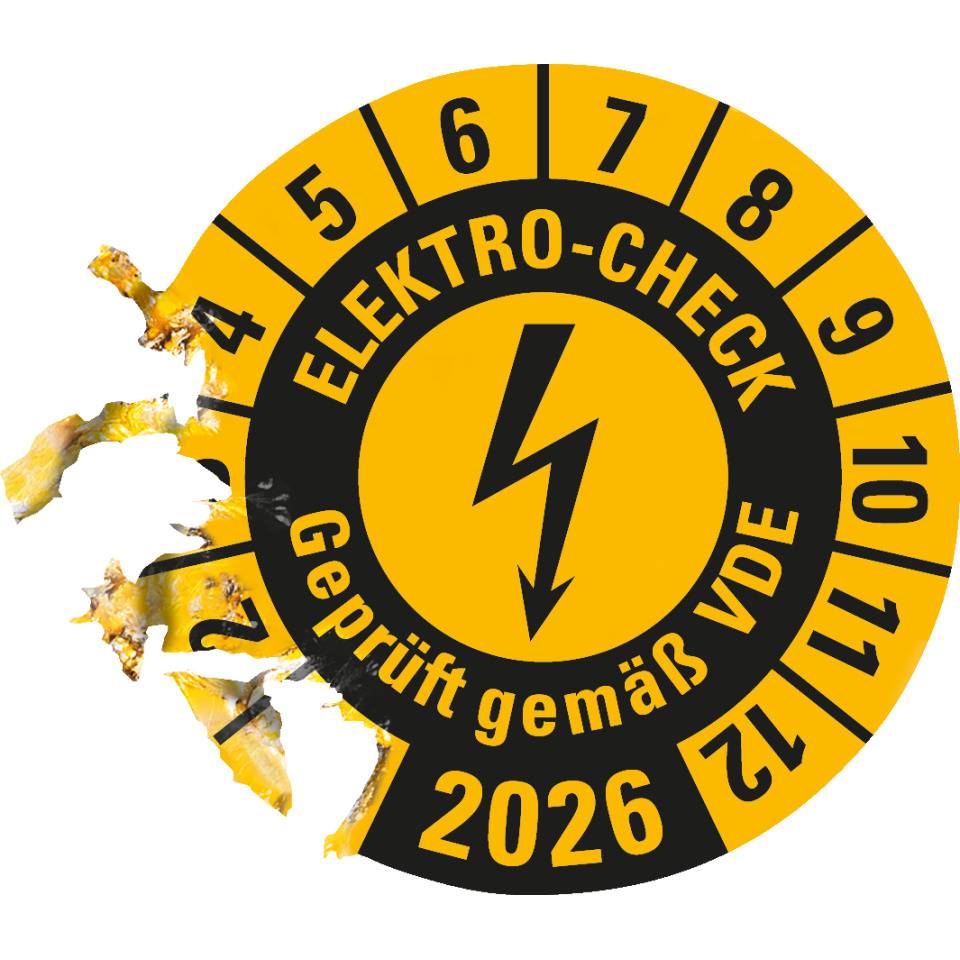 Prüfplakette ELEKTRO-CHECK Geprüft.., 2026, gelb, Dokumentenfolie, Ø 20mm, 36/Bogen