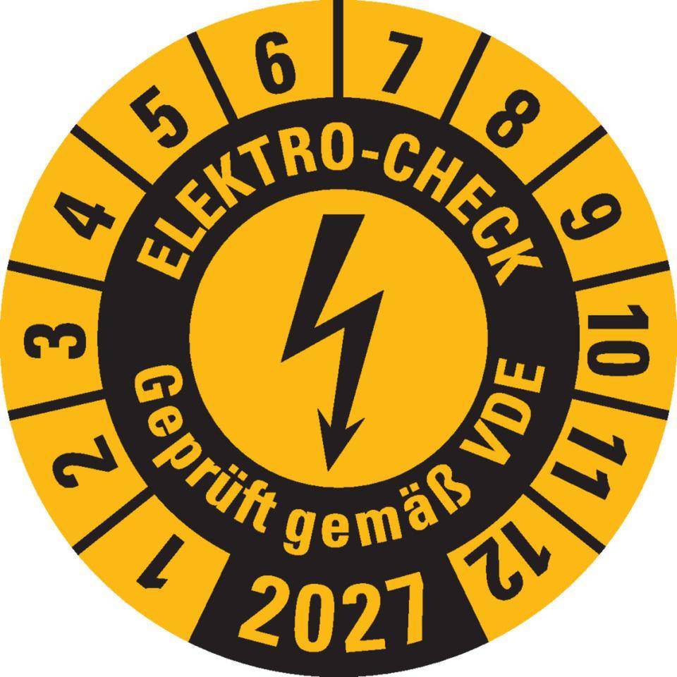 Prüfplakette ELEKTRO-CHECK Geprüft..., 2027, gelb, Dokumentenfolie, Ø 30mm, 18/Bogen