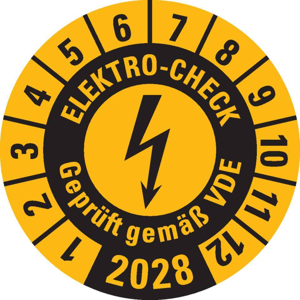 Prüfplakette ELEKTRO-CHECK Geprüft.., 2028, gelb, Dokumentenfolie, Ø 20mm, 36/Bogen