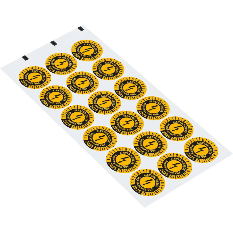 Prüfplakette ELEKTRO-CHECK Geprüft..., 2025, gelb, Dokumentenfolie, Ø 30mm, 18/Bogen