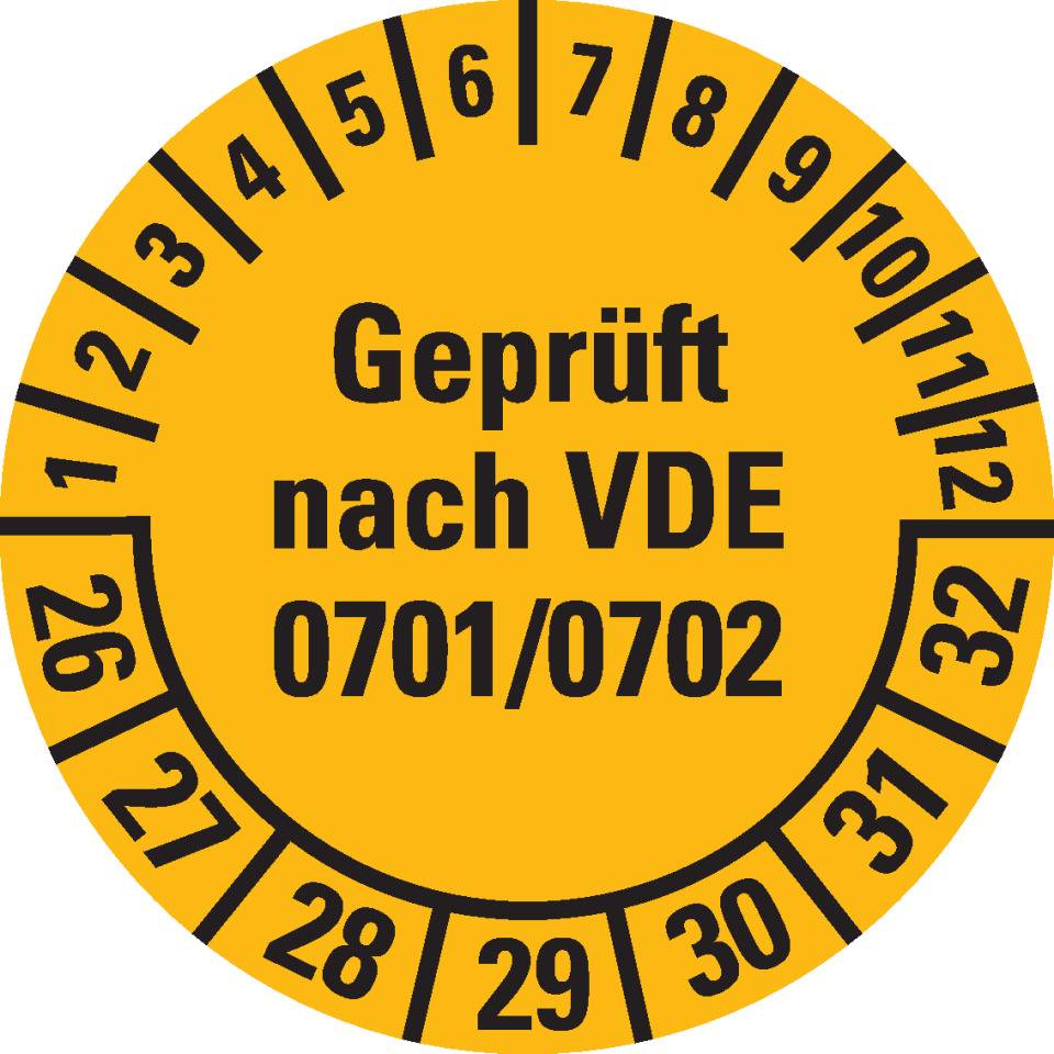 Prüfplakette Geprüft VDE 0701/0702 26-32, gelb, Dokumentenfolie, Ø30mm, 18/Bogen