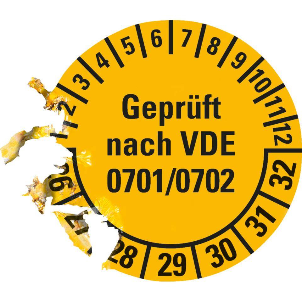Prüfplakette geprüft nach VDE 0701, 26-32, gelb, Dokumentenfolie, Ø30mm, 500/Rolle