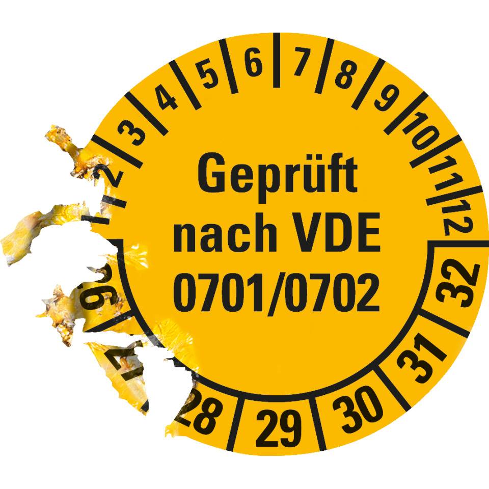 Prüfplakette Geprüft nach VDE 0701/0702, 26-32, gelb, Dokumentenfolie, Spezialkleber, Ø 30mm, 18/BOG