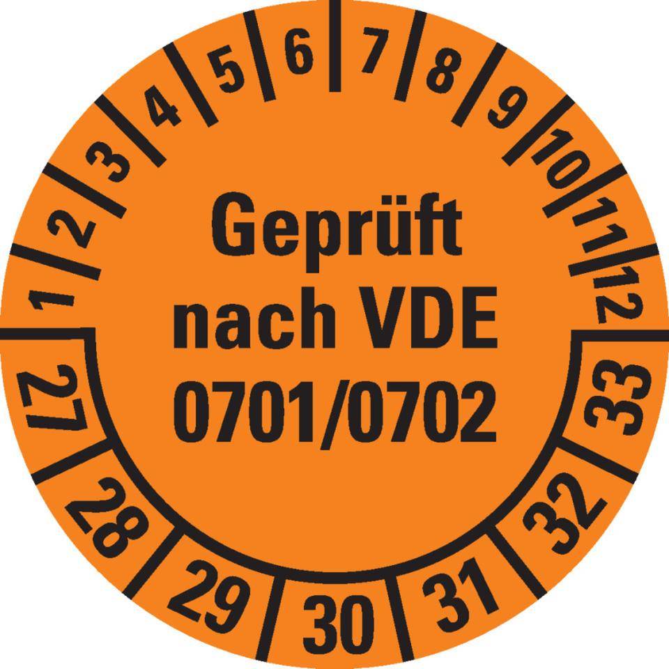 Prüfplakette geprüft nach VDE 0701, 27-33, orange, Dokumentenfolie, Ø30mm, 500/Rolle