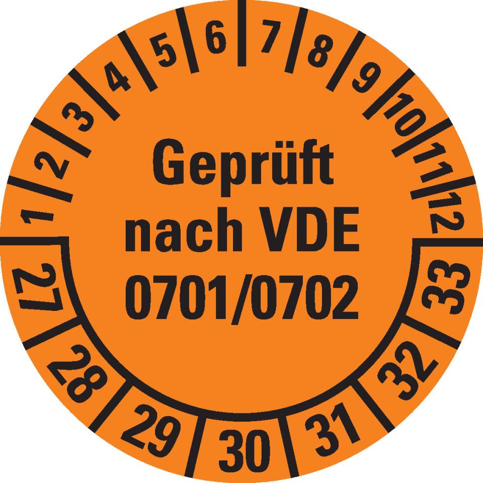 Prüfplakette Geprüft VDE 0701/0702 27-33, orange, Dokumentenfolie, Ø30mm, 18/Bogen